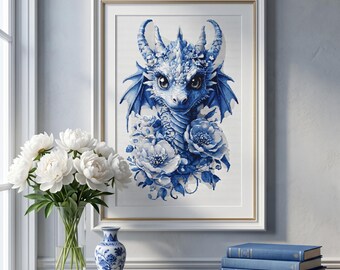 Blue Floral Dragon Cross Stitch Pattern – Fantasy Embroidery PDF 205×300 Stitches | Instant Download