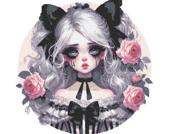 Anime Gothic Girl Cross Stitch Pattern – Silver Hair, Fairy Tale PDF 250×250 Stitches | Instant Download