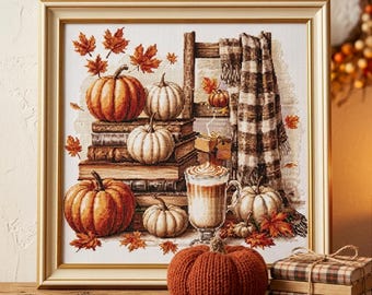 Cozy Fall Vibes Cross Stitch Pattern – Autumn Books, Latte, Pumpkins, Seasonal Embroidery PDF, Instant Download, 260×254 Stitches