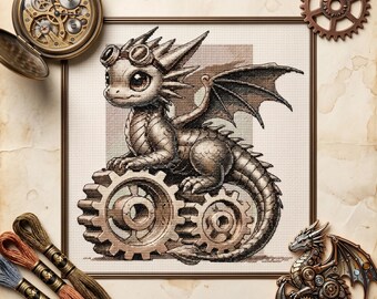Steampunk Dragon Cross Stitch Pattern, Manga Fantasy Embroidery PDF, 188×200 Stitches, Instant Download, Steampunk Dragon DIY Kit