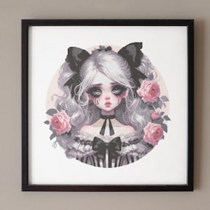 Anime Gothic Girl Cross Stitch Pattern: Silver Hair, Fairy Tale (PDF Download)