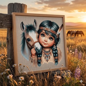 Horse Cross Stitch Pattern – Native American Girl Wild Mustang PDF 300×295 Stitches | Instant Download