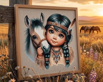 Horse Cross Stitch Pattern – Native American Girl Wild Mustang PDF 300×295 Stitches | Instant Download