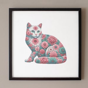 Mandala kat kruissteekpatroon: bloemen katachtig borduurwerk (pdf-download)