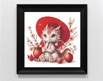 Chinese Dragon Cross Stitch Pattern – PDF – Kawaii Baby Dragon Lunar New Year PDF 300×300 Stitches | Instant Download