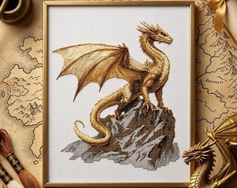 Majestic Golden Dragon Cross Stitch Pattern PDF | Fantasy Embroidery Design | Counted Cross Stitch Download | Dragon Wall Art
