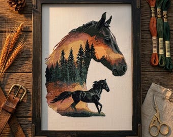 Black Horse Cross Stitch Pattern – Forest Landscape Double Exposure PDF 237×300 Stitches | Instant Download