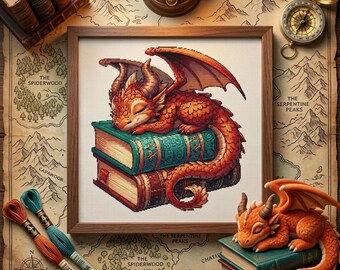 Dragon Sleeping on Books Cross Stitch Pattern, Fantasy Embroidery PDF, Book Lover Gift, DND, Gothic, Dark Academia, Reading Nook Decor