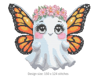 Butterfly Ghost Cross Stitch Pattern – Kawaii Halloween PDF 150×124 Stitches | Instant Download