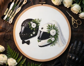 Wedding Helmets Cross Stitch Pattern, Biker Bride and Groom Design, Charcoal Black and Forest Green Pdf Instant Download