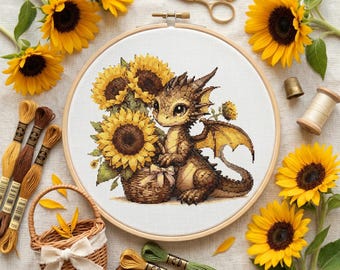 Sunflower Dragon Cross Stitch Pattern – Cottagecore Baby Dragon Basket PDF 200×180 Stitches | Instant Download