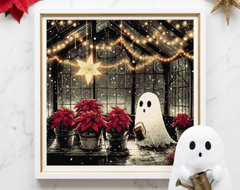 Christmas Ghost in Greenhouse Cross Stitch Pattern, Whimsical Holiday, Instant Download, 300×300 Stitches, Christmas Decor, Halloween Gift