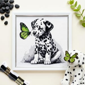 Dalmatian Puppy Cross Stitch Pattern – Black White Dog Green Butterfly PDF 295×300 Stitches | Instant Download