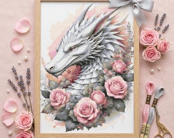 Dragon and Roses Cross Stitch Pattern – Watercolor Fantasy Design PDF 201×258 Stitches | Instant Download