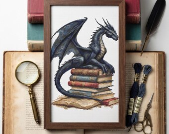 May include: A framed cross-stitch pattern featuring a dark blue dragon perched atop a stack of vintage books. The dragon has detailed wings and scales, resting on a pile of colorful, weathered volumes. The artwork is presented in a simple wood frame.