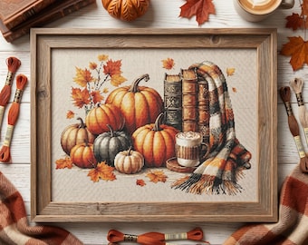 Cozy Autumn Cross Stitch Pattern, Pumpkins and Books PDF, Fall Decor, Instant Download, 300×256 Stitches, Embroidery Pattern for Fall Crafts
