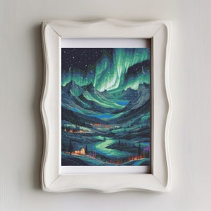 Northern Lights Cross Stitch Pattern, Aurora borealis cross stitch, Nature cross stitch, Landscape scenery Cross Stitch Digital Pattern