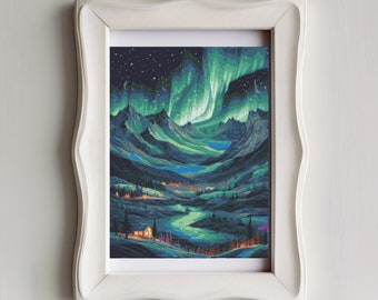 Northern Lights Cross Stitch Pattern – Aurora Borealis Night Sky PDF 225×300 Stitches | Instant Download