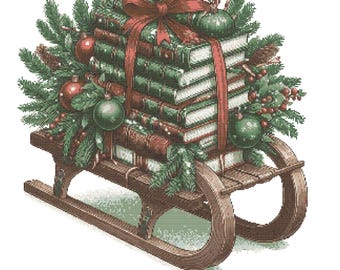 Vintage Christmas Sled Cross Stitch Pattern – Books & Pine PDF 300×300 Stitches | Instant Download
