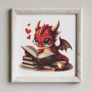 Cartoon kleinen Drachen lesen Buch Kreuzstich, Instant Download, Aquarell Kreuzstich Muster, Baby Drache, Aquarell Kreuzstich