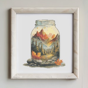 Mountain Landscape in Jar Cross Stitch Pattern: Whimsical Woodland Embroidery (PDF)