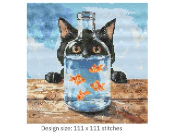 Black Cat & Golden Fish Cross Stitch Pattern PDF 111×111 Stitches | Counted Embroidery | Instant Download