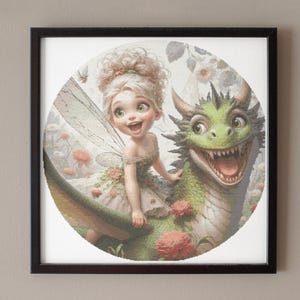 Flower Fairy and Dragon Cross Stitch Pattern: Fantasy Embroidery (PDF Pattern)