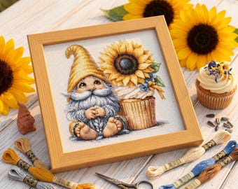 Gnome Sunflower Cross Stitch Pattern, Cottagecore Cupcake PDF, Woodland Embroidery, Instant Download, Floral Stitching Design