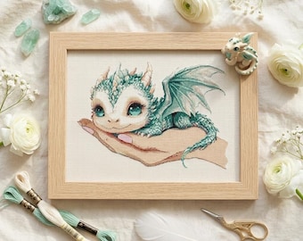 Cream Dragon Cross Stitch Pattern, Fantasy Design PDF, Hand-Held Dragon Embroidery, 300×225 Stitches, Instant Download, Mythical Gift
