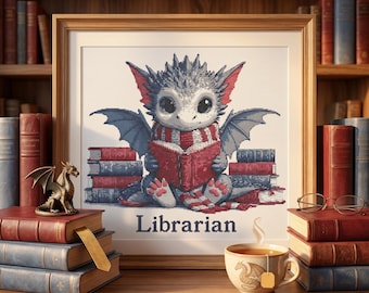 Book Dragon Cross Stitch Pattern – Baby Dragon Reading Books Dark Academia PDF 270×210 Stitches | Instant Download