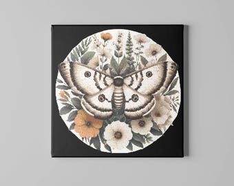 Moth & Floral Wreath Cross Stitch Pattern – Gothic Nature Design PDF 260×260 Stitches | Instant Download