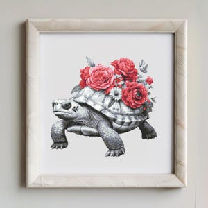 Monochromatic Turtle with Red Roses Cross Stitch Pattern,  Sea Turtle Watercolor Stitching Pattern, Red Roses cross stitch,
