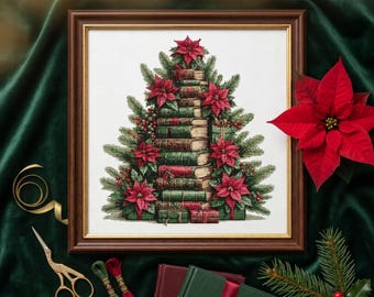 May include: Framed artwork featuring a Christmas tree design made of stacked books, adorned with red poinsettias and greenery. The artwork is in a brown frame, set against a dark green velvet background with holiday accents like scissors and ribbon.