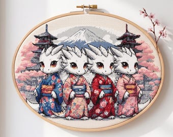 Cute Dragon Kimono Cross Stitch Pattern, Japanese Style Dragon Embroidery, Kawaii Dragon Design, Oriental Nursery Decor, Instant Download