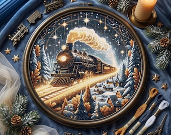 Winter Steam Train Cross Stitch Pattern, Scenic Snowy Village Embroidery Chart, Instant Download, Vintage Winter Landscape, Christmas Gift