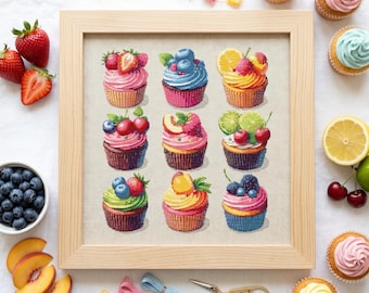 Kawaii Cross Stitch Pattern – Fruit Cupcake PDF 300×300 Stitches | Instant Download