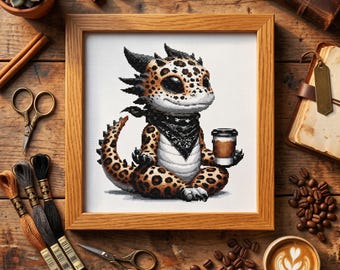 Leopard Dragon with Coffee Cross Stitch Pattern PDF 200×200 Stitches | Counted Embroidery | Instant Download
