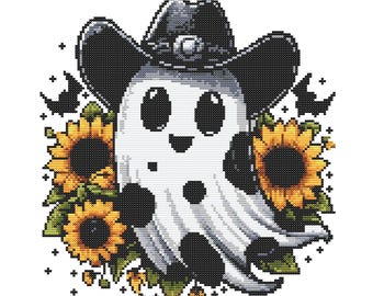 Cowboy Ghost Sunflower Cross Stitch Pattern – Whimsical Halloween (PDF Pattern PDF 137×140 Stitches | Instant Download