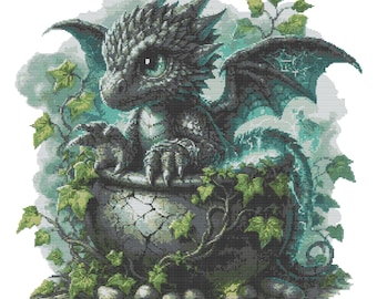 Dragon Cross Stitch Pattern – Fantasy Cauldron Design, gothic style baby dragon PDF 300×300 Stitches | Instant Download