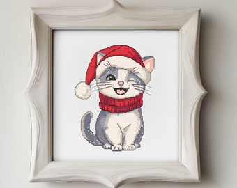 Cat Christmas Cross Stitch Pattern – Santa Hat PDF 150×124 Stitches | Instant Download