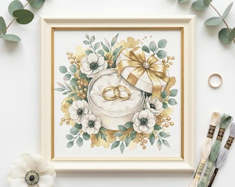 Wedding Rings Cross Stitch Pattern – Anemone Gold Floral Bridal PDF 300×290 Stitches | Instant Download
