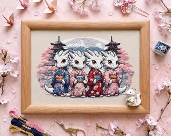 Cute Dragon Kimono Cross Stitch Pattern, Japanese Style Dragon Embroidery, Kawaii Baby Dragon Design Oriental Nursery Decor Instant Download