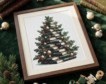 Vintage Book Christmas Tree Cross Stitch Pattern – Literary Holiday Decor PDF 174×200 Stitches | Instant Download