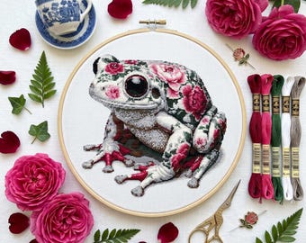 Floral Frog Cross Stitch Pattern – Chinoiserie Porcelain Rose Frog PDF 200×200 Stitches | Instant Download