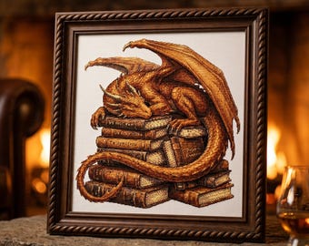 Dragon Books Cross Stitch Pattern – Fantasy Book Lover Library Dragon PDF 300×300 Stitches | Instant Download