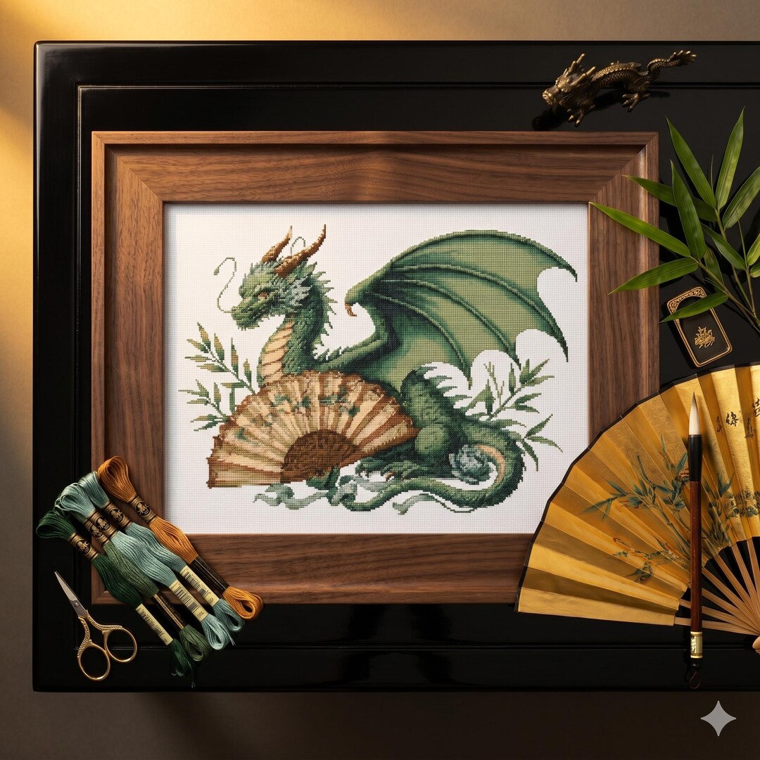 Green Dragon Cross Stitch Pattern – Asian Fantasy Fan Bamboo PDF 250× ...