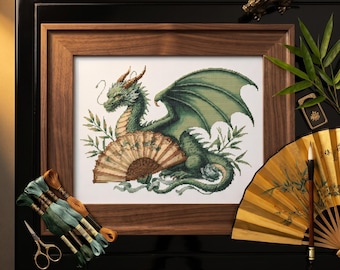 Japan Dragon Cross Stitch Pattern, Fantasy Needlework Design, Green and Beige Dragon Chart, Craft Room Projects, Mythical Creature Gift