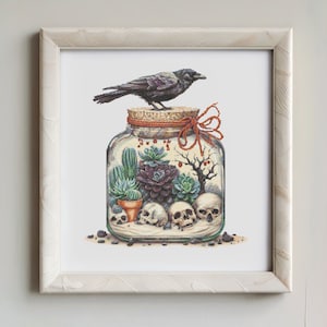 Bird cross stitch, Whimsical Raven Cross Stitch Pattern, gothic cross stitch, witch cross stitch, Counted Spooky Creepy Witchy Cross Stitch