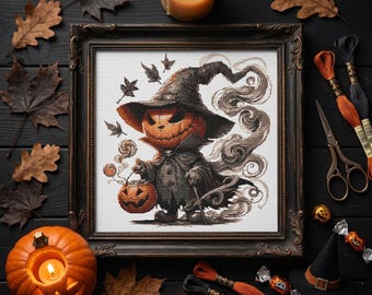 Pumpkin Gnome Cross Stitch Pattern – Spooky Halloween PDF 250×250 Stitches | Instant Download