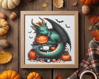 Halloween Dragon Cross Stitch Pattern – Spooky Fantasy Design PDF 300×300 Stitches | Instant Download